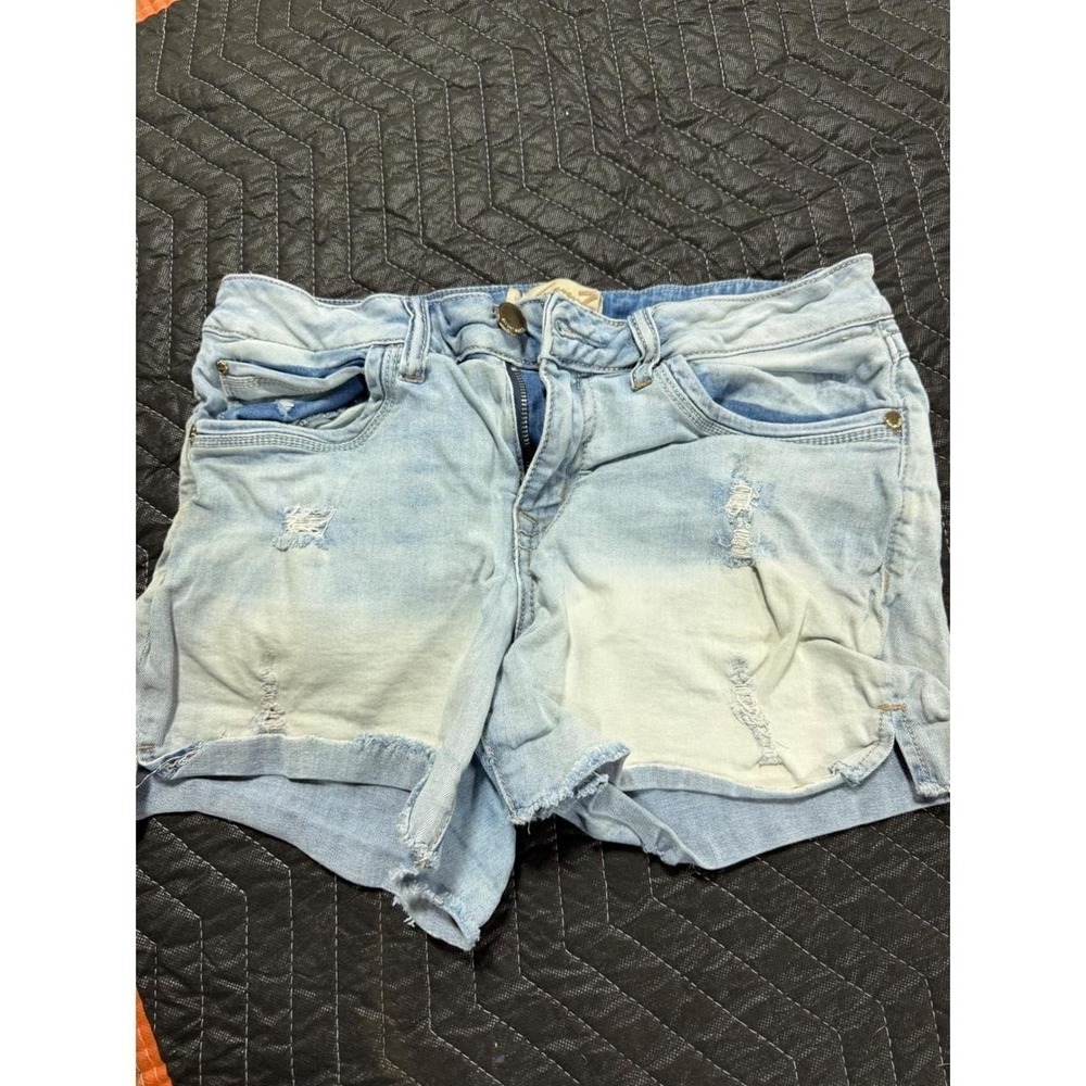Seven7 Womens Light Wash Distressed Denim Jean Shorts Frayed Hem Low Rise Cu